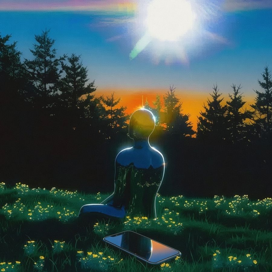 Phone face down in the grass at sunset
